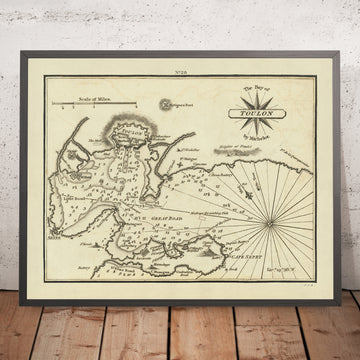 Carta náutica de la antigua bahía de Toulon de Heather, 1802: fortificaciones, sondeos, instalaciones militares