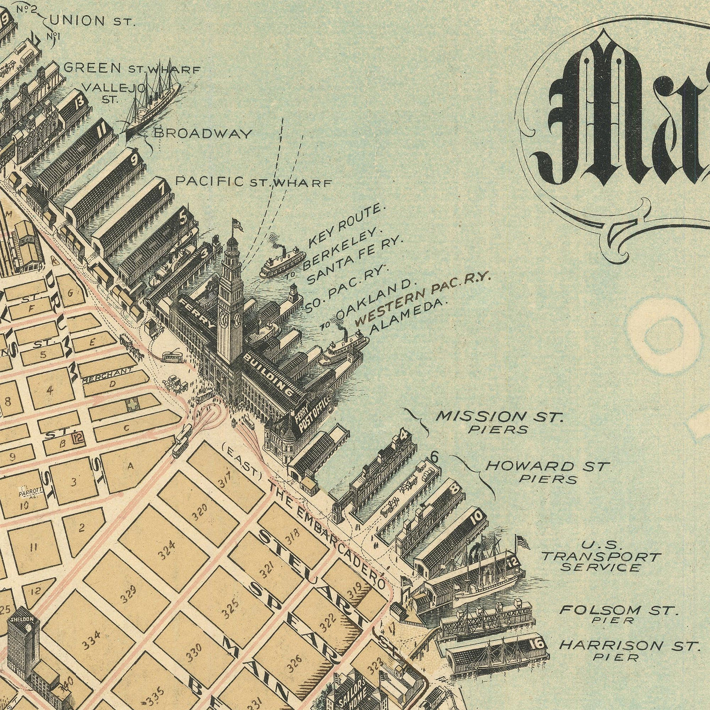 Mapa ilustrado antiguo de San Francisco realizado por Chevalier en 1911: Golden Gate Park, Presidio, Ingleside, Lake Merced, Union Iron Works