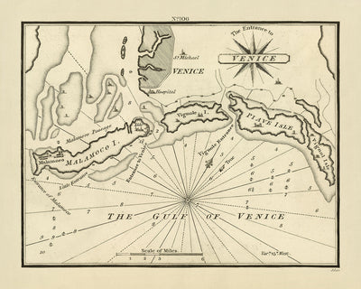Carte nautique de l'entrée de la vieille Venise par Heather, 1802 : Mer Adriatique, Arsenal vénitien, Lido