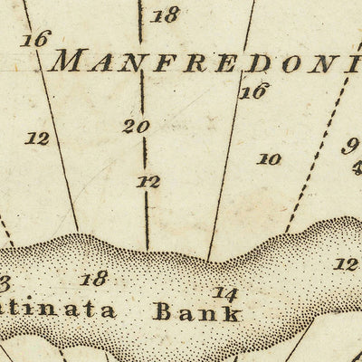 Ancienne carte nautique du golfe de Manfredonia par Heather, 1802 : péninsule du Gargano, îles Tremiti, fort Saint-Ange