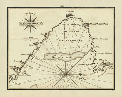 Ancienne carte nautique du golfe de Manfredonia par Heather, 1802 : péninsule du Gargano, îles Tremiti, fort Saint-Ange