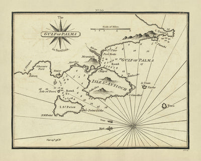 Antigua carta náutica del golfo de Palma de Heather, 1802: Cerdeña, Sant' Antioco, Isola di San Pietro