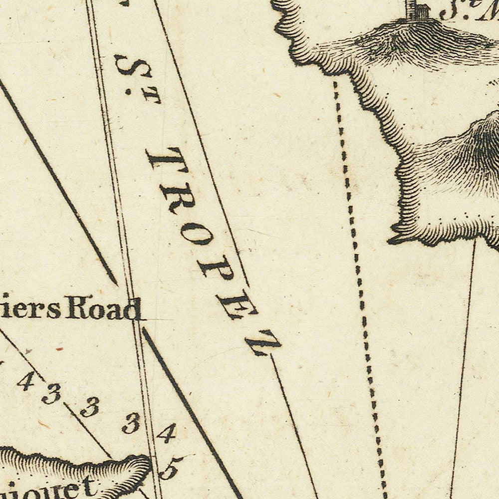 Old Gulf of St. Tropez Nautical Chart by Heather, 1802: Fishing Huts, Forts, Navigational Aids