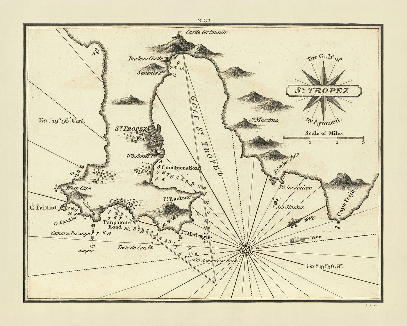 Old Gulf of St. Tropez Nautical Chart by Heather, 1802: Fishing Huts, Forts, Navigational Aids