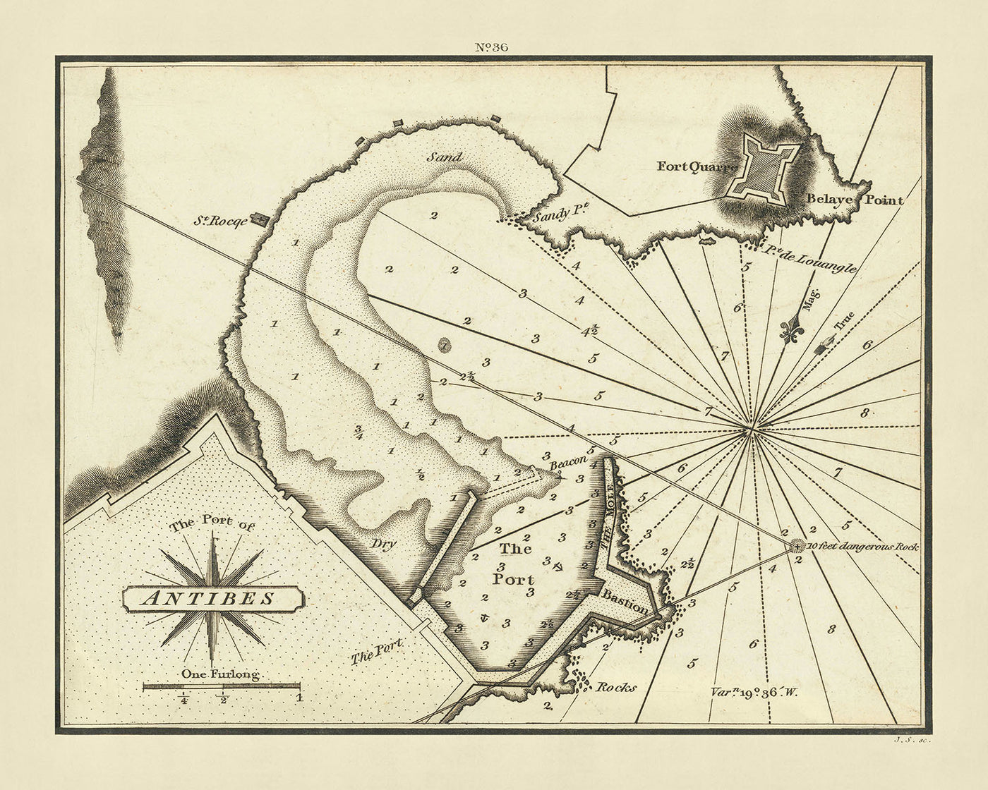 Carta náutica del antiguo puerto de Antibes de Heather, 1802: Fort Carré, Baie des Anges, Iles de Lérins