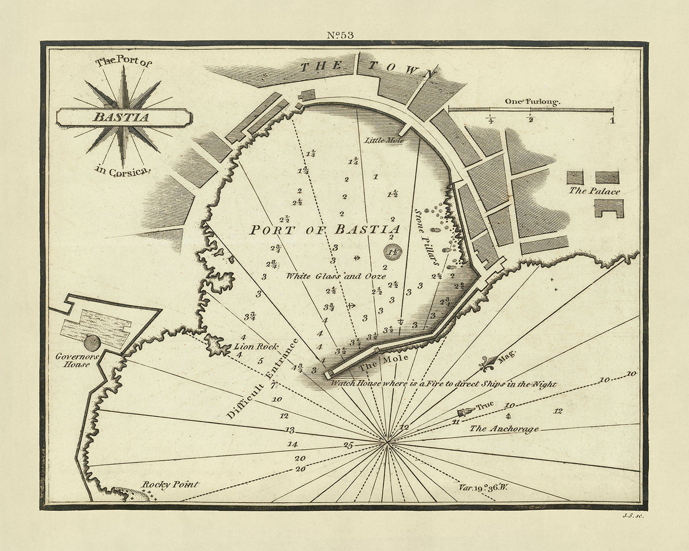 Carte Nautique du Vieux Port de Bastia par Heather, 1802 : Corse, Sondages, Aides à la Navigation