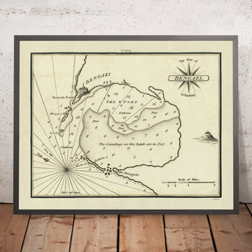 Puerto Viejo de Bengasi, Libia Carta Náutica por Heather, 1802: Punto de Fortín, Cabo, Rosa de los Vientos 