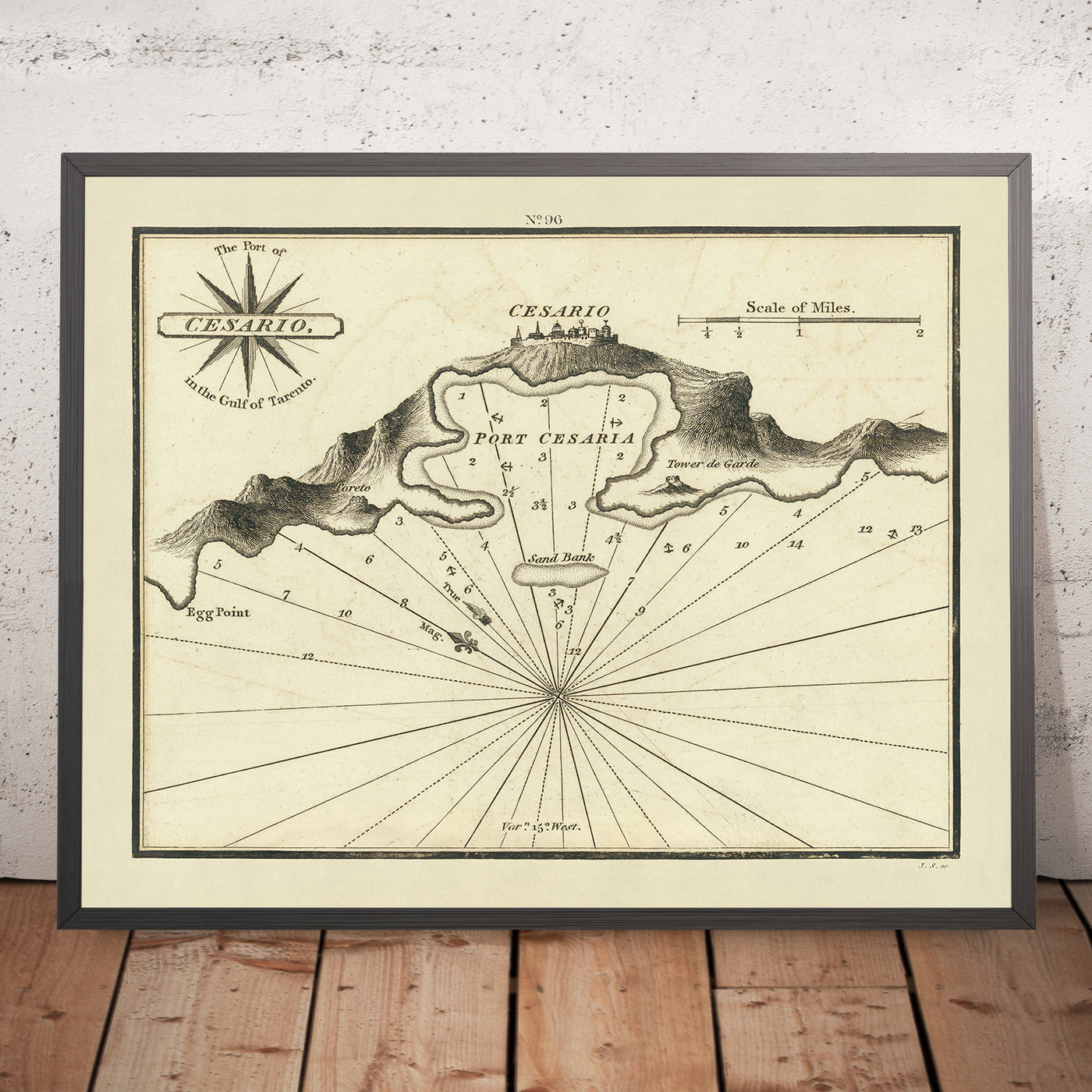 Alter Hafen von Cesario Seekarte von Heather, 1802: Golf von Tarent, Tiefenmessungen, Kompassrose