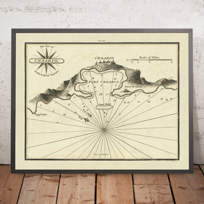 Carte nautique du Vieux-Port de Cesario par Heather, 1802 : Golfe de Tarente, sondages, rose des vents