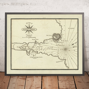 Vieux Port de Longo Sardo, Sardaigne Carte Nautique par Heather, 1802 : Tour, Pointe Rocheuse, Sonde 