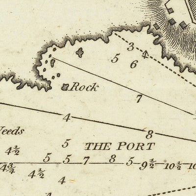 Carte nautique du Vieux-Port de Longo Sardo par Heather, 1802 : tour, Rocky Point, sondages