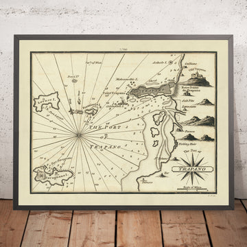 Puerto Viejo de Trapani, Sicilia Carta Náutica por Heather, 1802: Italia, Fortificaciones, Salinas, Cabañas de Pescadores 