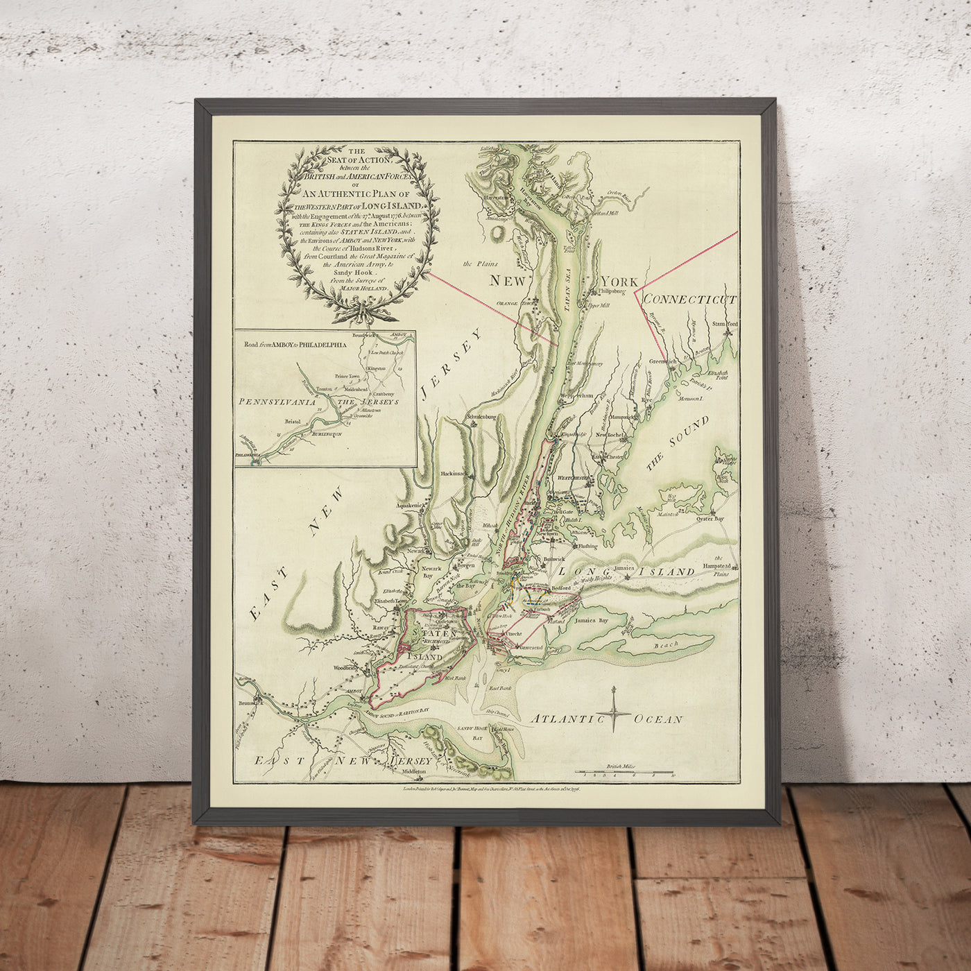 Ancienne carte infographique de la bataille de Long Island par Sayer & Bennett, 1776 : débarquement britannique, retraite américaine, présence navale