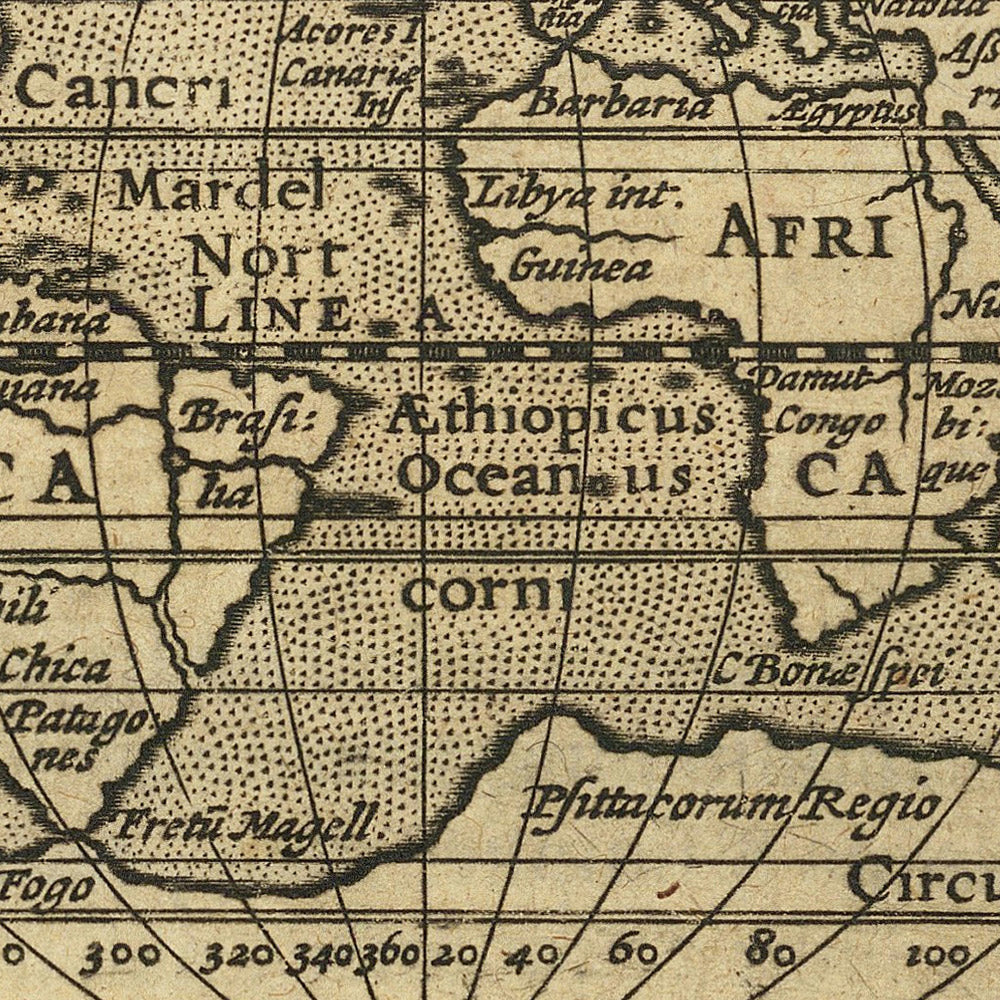 Alte Weltkarte Typus Orbis Terrarum von Bertius, 1616: Ovale Projektion, dekoratives Bandwerk, Terra Australis