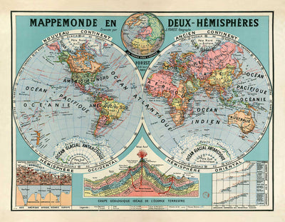 Antiguo mapamundi francés del doble hemisferio en 1925 por Joseph Forest - Volcanes, montañas, fondos marinos