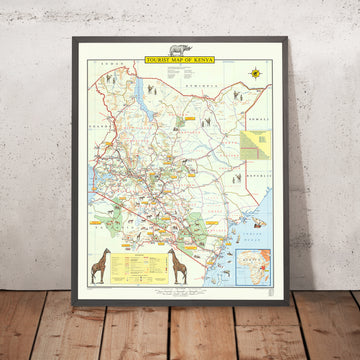 Ancienne carte picturale du Kenya, 1968 : Safari, Animaux, Nairobi, Mont Kenya, Lac Victoria 