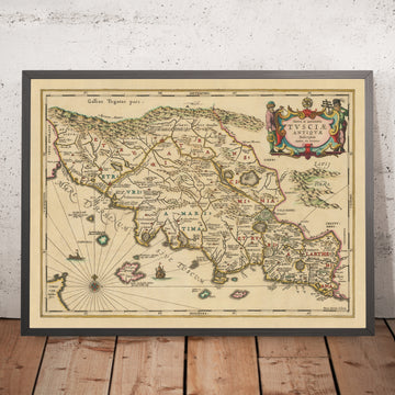 Ancienne carte de la Toscane antique par Jansson, 1652 : cités-États étrusques, Lazio, Ombrie, établissements et routes romains, Apennins, rivière Arno 
