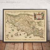 Ancienne carte de la Toscane antique par Jansson, 1652 : cités-États étrusques, Lazio, Ombrie, établissements et routes romains, Apennins, rivière Arno 