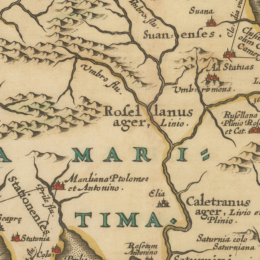 Mappa antica della Toscana da Jansson, 1652: città-stato etrusche, Lazio, Umbria, insediamenti e strade romane, Appennini, fiume Arno 