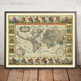 Rara "Mapa Mundial de los Doce Césares" de Visscher, 1652: Islas míticas, Julio, Augusto, Tiberio, Calígula, etc. 
