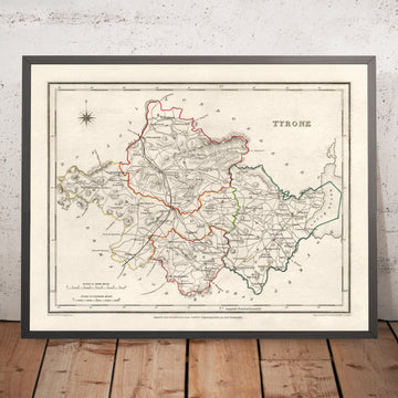 Antica mappa della contea di Tyrone di Samuel Lewis, 1844: Omagh, Strabane, Cookstown, Dungannon, Aughnacloy 
