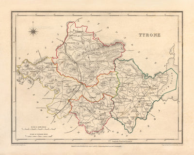 Mapa antiguo del condado de Tyrone por Samuel Lewis, 1844: Omagh, Strabane, Cookstown, Dungannon, Aughnacloy