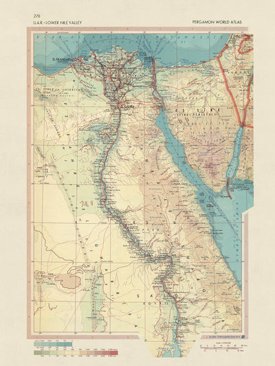 Antiguo mapa de Egipto, 1967: Río Nilo, Canal de Suez, El Cairo, Alejandría, Giza