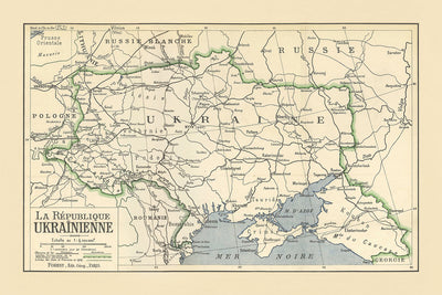 Antiguo mapa político de Ucrania, 1919: Kiev, río Dnieper, Mar Negro, Cárpatos, Península de Crimea