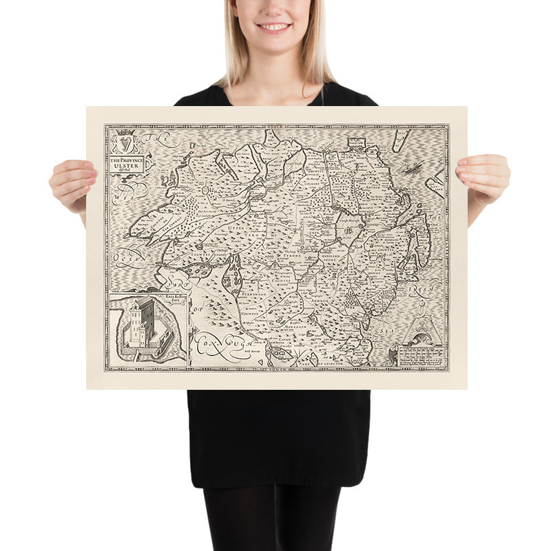 Old Monochrome Map of Ulster, Northern Ireland in 1611 by John Speed - Belfast, Derry (not Londonderry), County Antrim & Down
