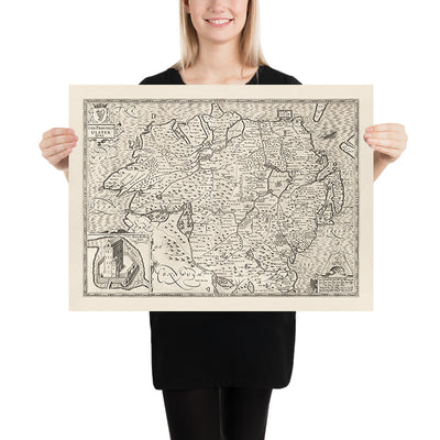 Old Monochrome Map of Ulster, Northern Ireland in 1611 by John Speed - Belfast, Derry (not Londonderry), County Antrim & Down