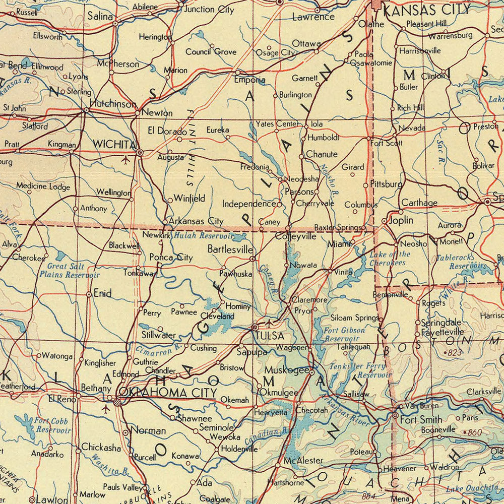 Old Map of Central USA, 1967: Chicago, New Orleans, Rocky Mountains, Mississippi River