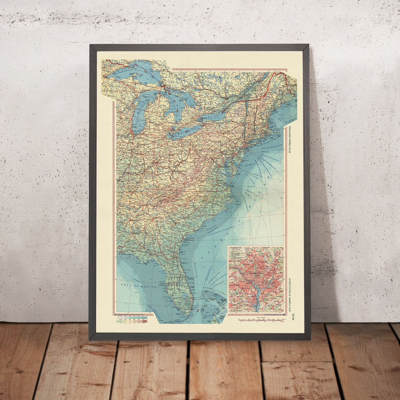 Ancienne carte des États-Unis par le service topographique de l'armée polonaise, 1967 : New York, Chicago, Washington DC, Grands Lacs, fleuve Mississippi