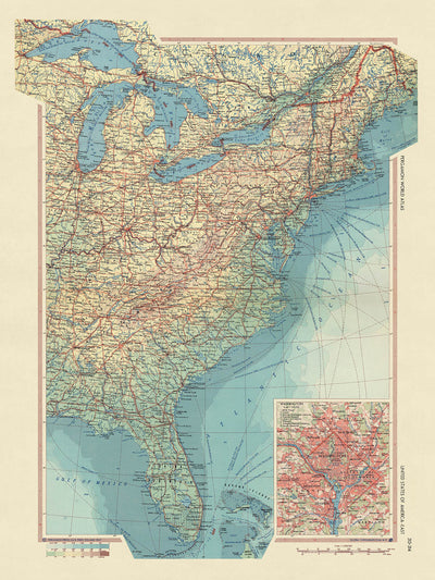 Ancienne carte des États-Unis par le service topographique de l'armée polonaise, 1967 : New York, Chicago, Washington DC, Grands Lacs, fleuve Mississippi