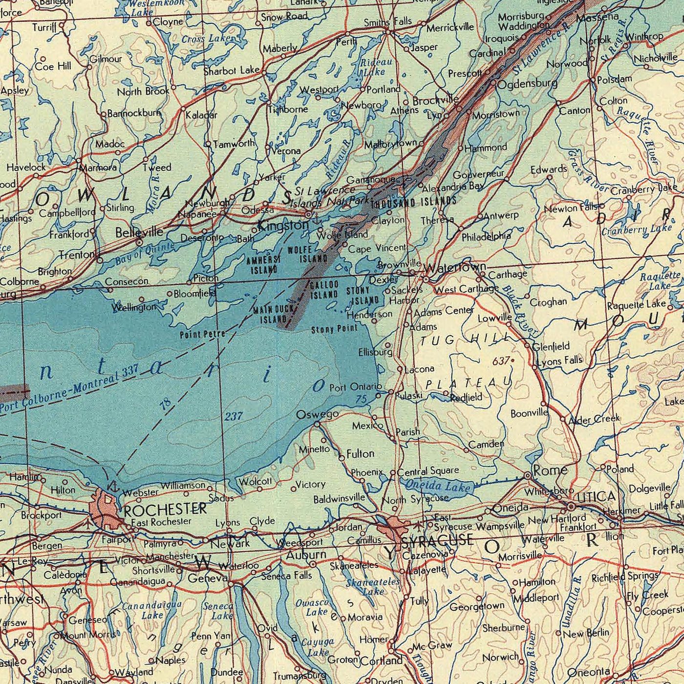 Old Map of the Great Lakes, 1967: Lake Michigan, Lake Huron, Lake Ontario, Lake Erie and Superior.