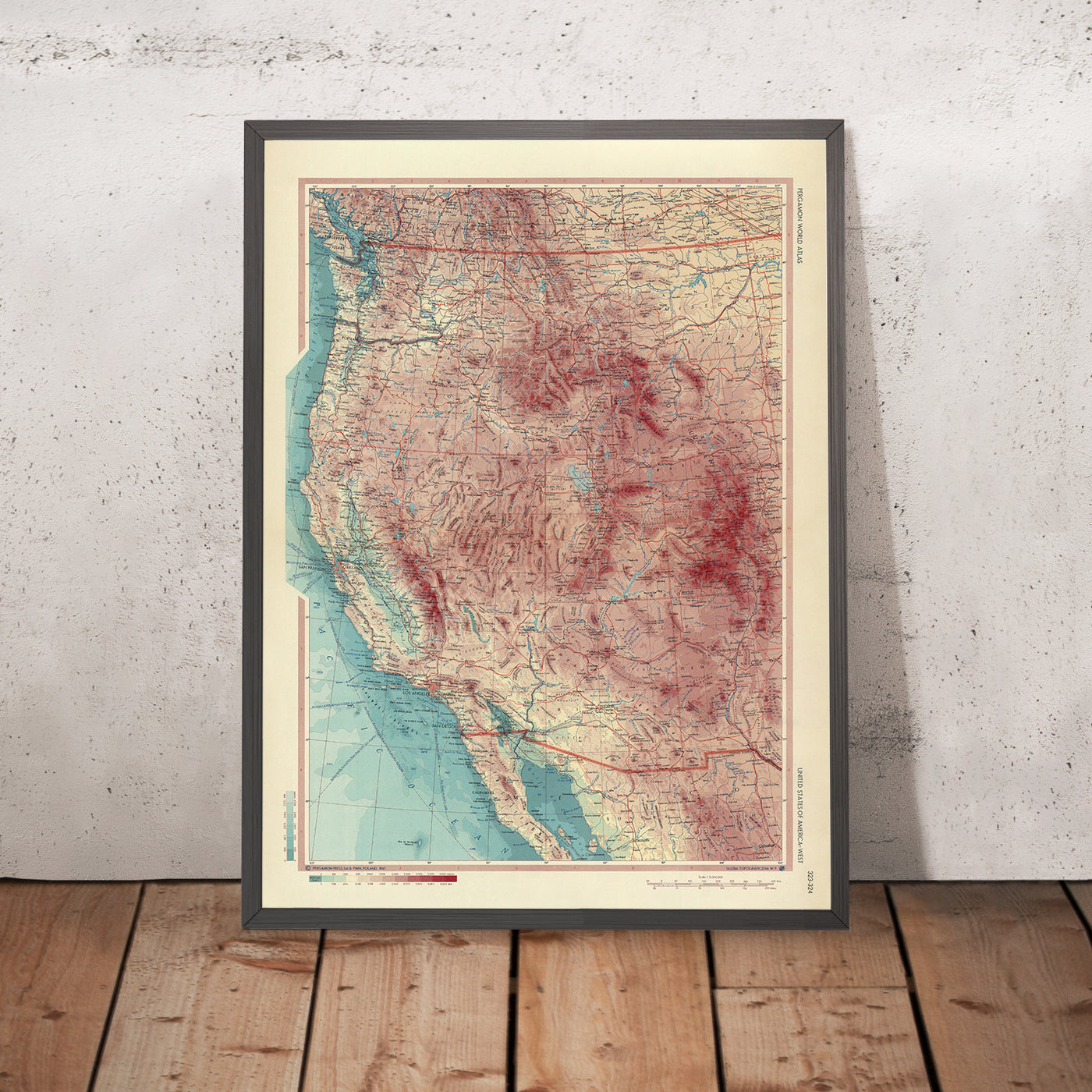 Mapa antiguo del oeste de Estados Unidos, 1967: Los Ángeles, San Francisco, Yosemite, Gran Cañón, Montañas Rocosas