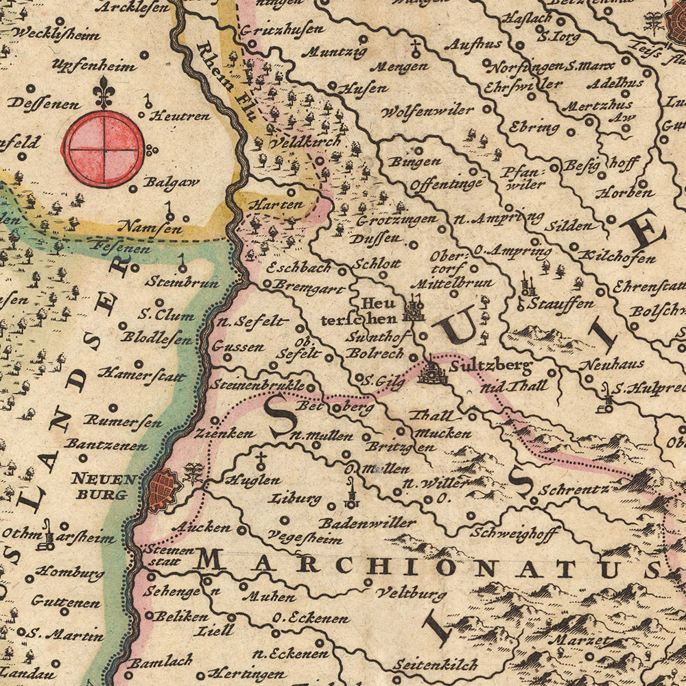 Old Map of Upper Alsace, Breisgau & Sundgau by Visscher, 1690: Basel, Freiburg im Breisgau, Colmar, Mulhouse, Jurapark Aargau