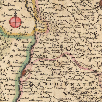 Old Map of Upper Alsace, Breisgau & Sundgau by Visscher, 1690: Basel, Freiburg im Breisgau, Colmar, Mulhouse, Jurapark Aargau