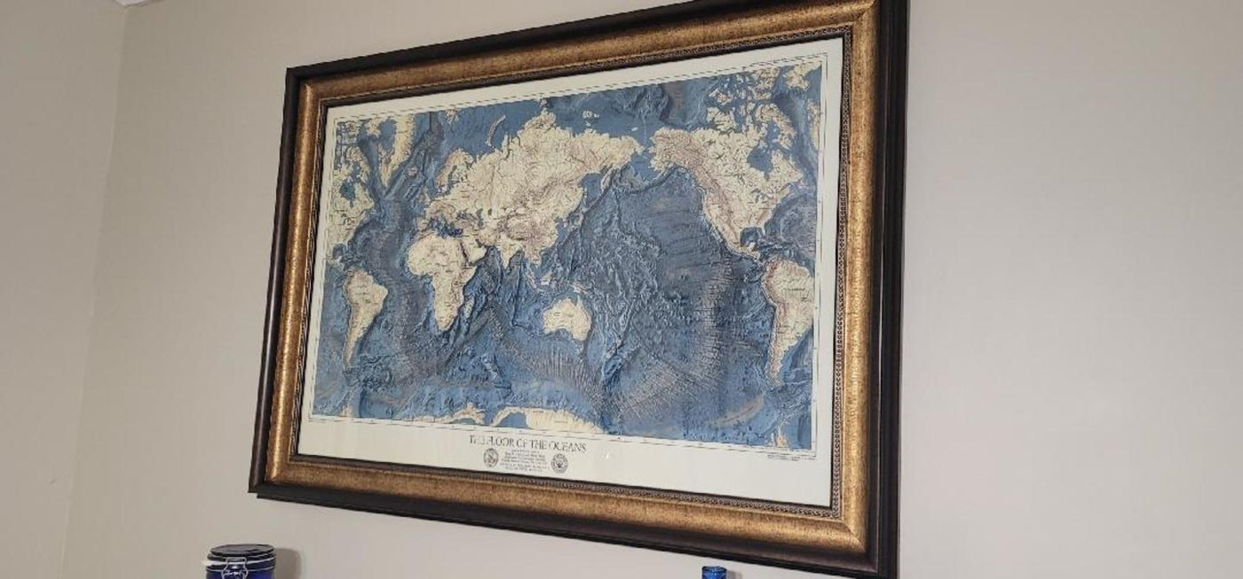 Rare Old Map of the Ocean Floor and Land Relief by the US Navy in 1976 - Europe, Africa, Americas, Antarctica, Australia