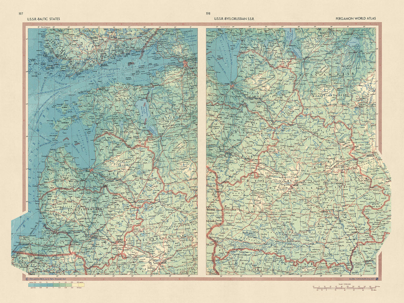 Ancienne carte des États baltes et de la Biélorussie, Service topographique de l'armée polonaise, 1967 : Riga, Minsk, Vilnius, golfe de Riga, lagune de Courlande