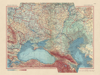 Carte du vieux monde de l'URSS en Europe - Sud par le Service topographique de l'armée polonaise, 1967 : Carte politique et physique détaillée du sud de l'URSS et de l'Europe de l'Est