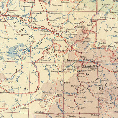 Mapa antiguo de Kazajstán realizado por el Servicio de Topografía del Ejército Polaco, 1967: Almaty, Karaganda, Shymkent, Lago Baljash, Mar Caspio