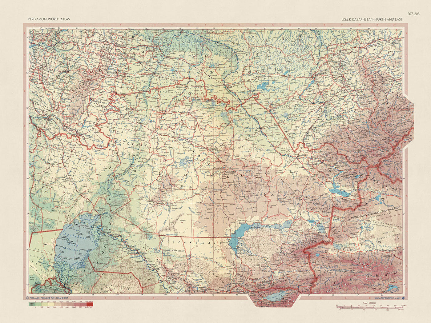 Mapa antiguo de Kazajstán realizado por el Servicio de Topografía del Ejército Polaco, 1967: Almaty, Karaganda, Shymkent, Lago Baljash, Mar Caspio