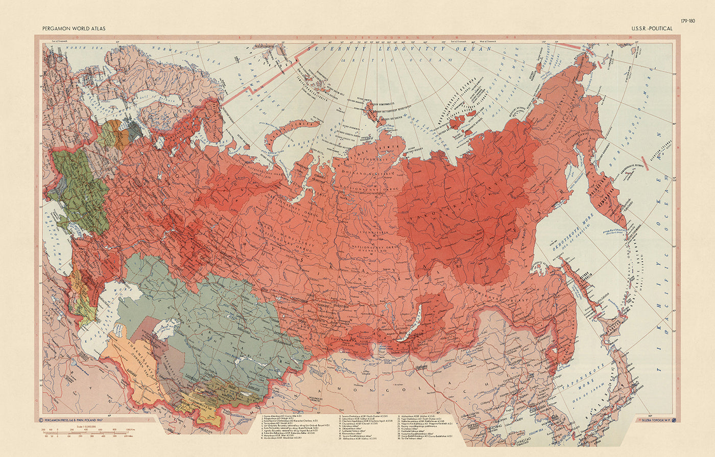 Alte Karte der Sowjetunion vom Topographischen Dienst der polnischen Armee, 1967: Kasachstan, Ukraine, Litauen, Arktischer Ozean, Geopolitik des Kalten Krieges