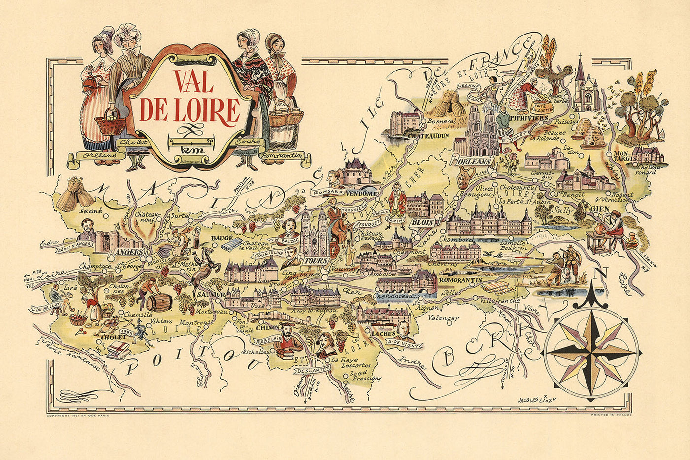 Old Pictorial Map of Loire Valley by Liozu, 1951: Orléans, Tours, Angers, Chateaux, Vineyards, Wine