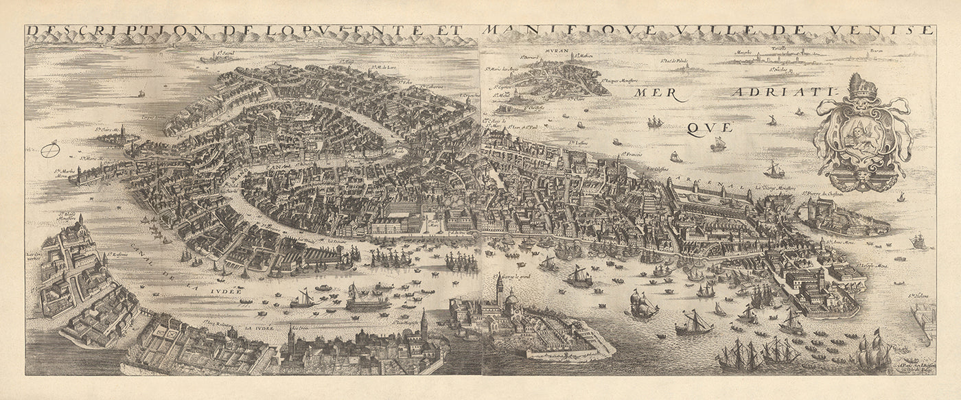 Antiguo mapa a vista de pájaro de Venecia por Boisseau, 1648: Basílica de San Marcos, Palacio Ducal, Puente de Rialto, Gran Canal, Laguna de Venecia.