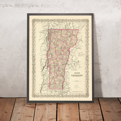 Mapa antiguo de Vermont por JH Colton, 1855: Burlington, Montpelier, Rutland, Brattleboro, St. Albans