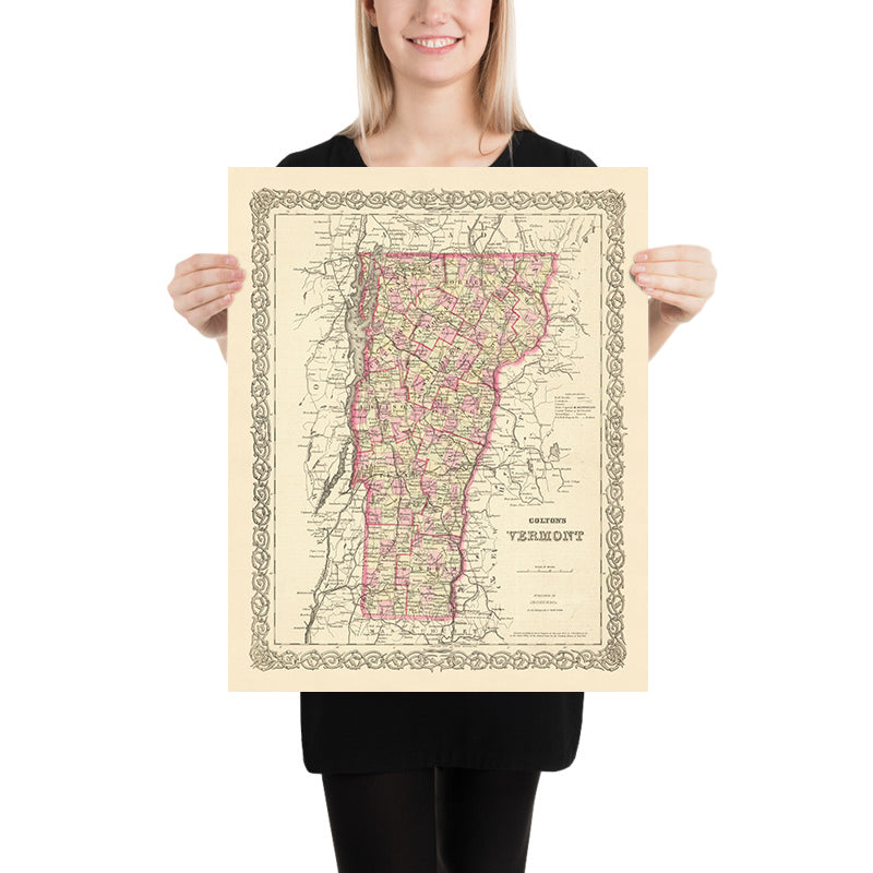Mapa antiguo de Vermont por JH Colton, 1855: Burlington, Montpelier, Rutland, Brattleboro, St. Albans