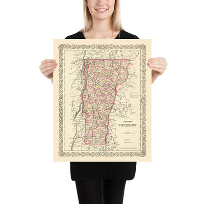 Ancienne carte du Vermont par JH Colton, 1855 : Burlington, Montpellier, Rutland, Brattleboro, St. Albans