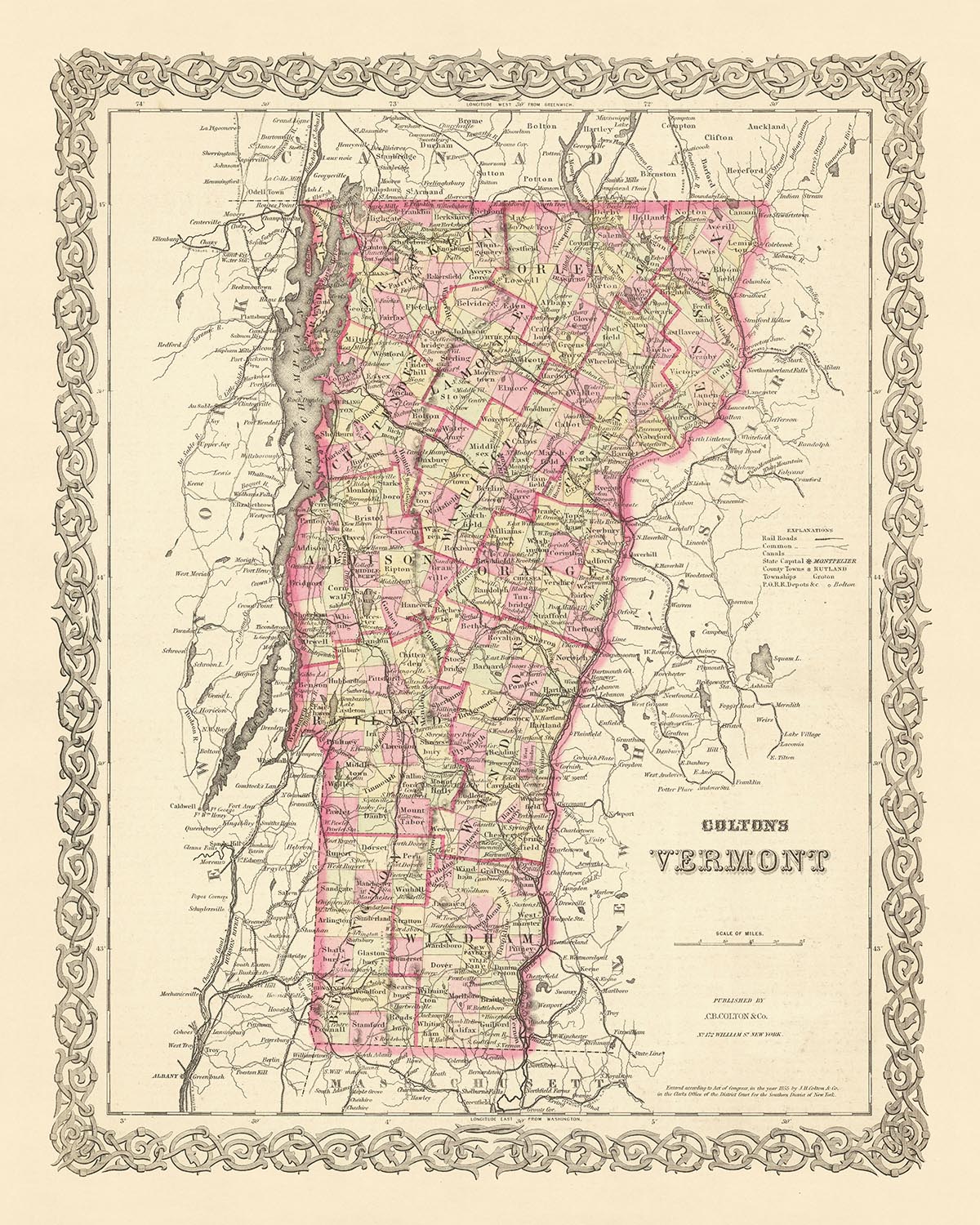 Old Map of Vermont by J.H. Colton, 1855: Burlington, Montpelier, Rutland, Brattleboro, St. Albans