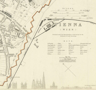 Ancienne carte de Vienne par SDUK en 1887 - Danube, Alte Donau, Graben, Rennweg, église Saint-Charles